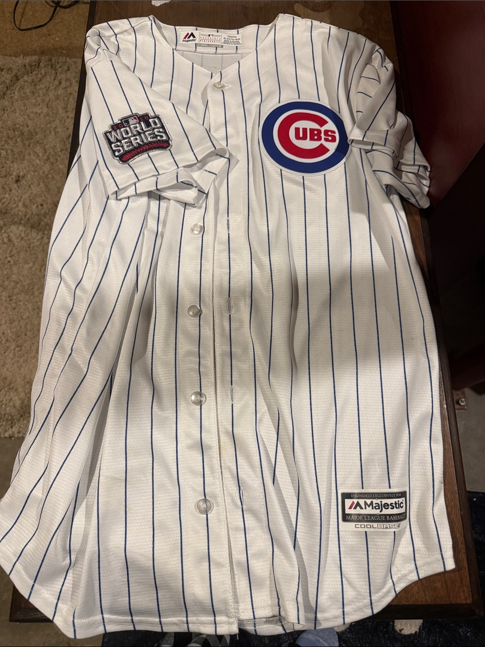 Majestic White Pinstripe Chicago Cubs  Jersey with Blue Accents